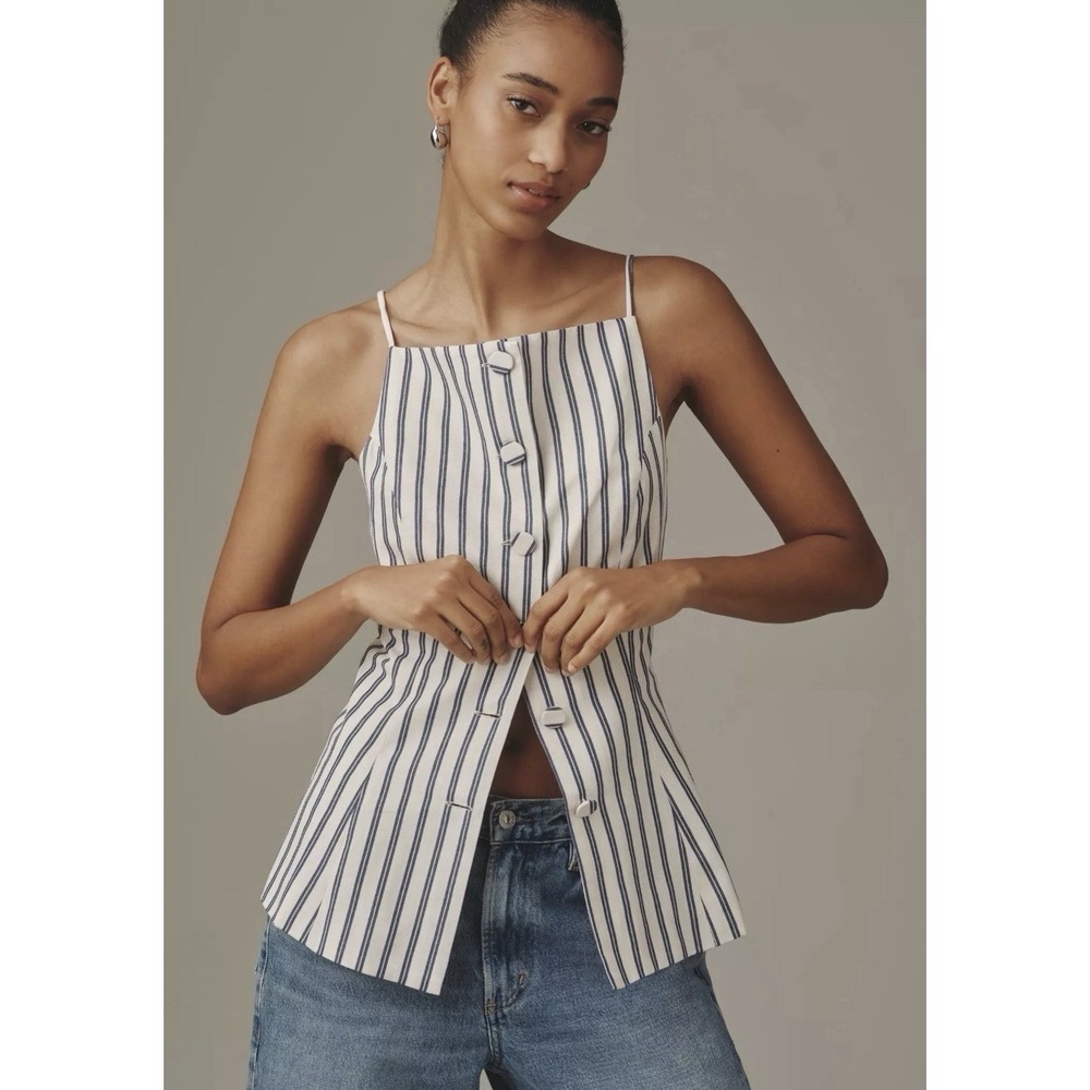 Maeve Anthropology  Navy Cream Button Down Tank Top Vest Size Large